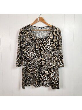 Papa Plush Animal Leopard Print Knit Top 3/4 Sleeves Stretch Womens Size Large